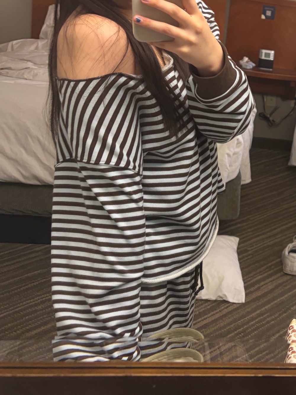 striped teal and brown off shoulder sweater and skirt matching set